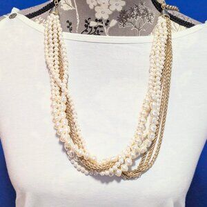 Vintage Chicco's Chunky/Statement Multi strand Gold Tone & Pearl-like Necklace